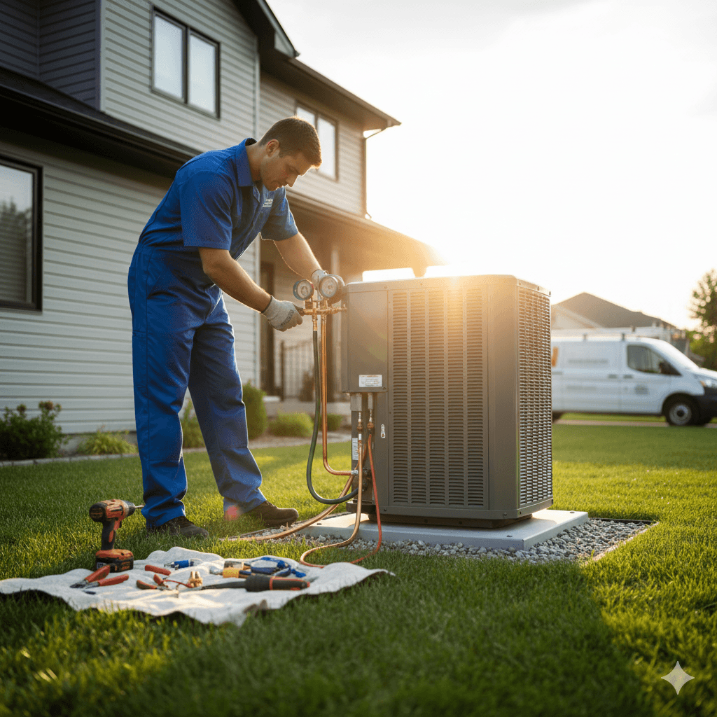 Technician installing a new outdoor AC condenser unit