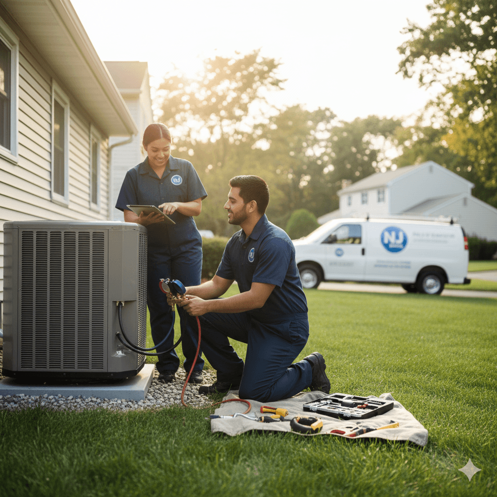 NJ Emergency AC technician servicing an HVAC system in New Jersey